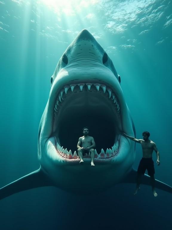 Surreal cinematic underwater scene features giant great white shark in clear ocean. Massive mouth wide open showcases sharp teeth. Inside, a man sits calmly. Another man stands partially outside the mouth reaching towards the first man. Sunlight pierces through water illuminating scene, creating tension and dreamlike quality.