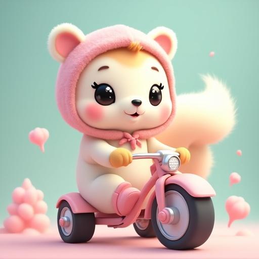 A cute fluffy cartoon squirrel rides a pink tricycle. The scene is whimsical and pastel-themed with soft colors and dreamy aesthetics. The squirrel has creamy white fur with peach-blush accents and wears a pink fuzzy hood. The background features a teal-blue gradient with floating pink puffballs.