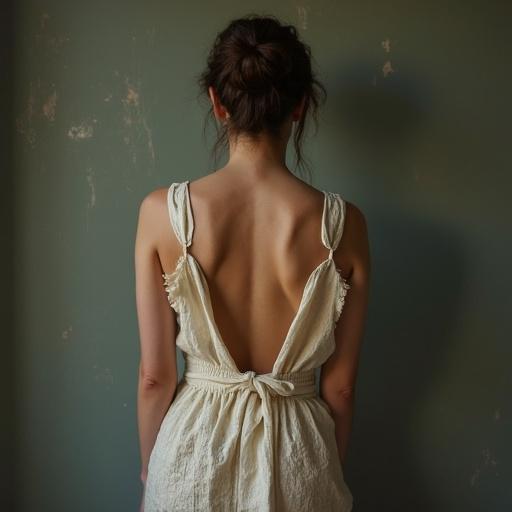 Young woman wearing an old, torn cloth dress. Photo captures the back view of her body.