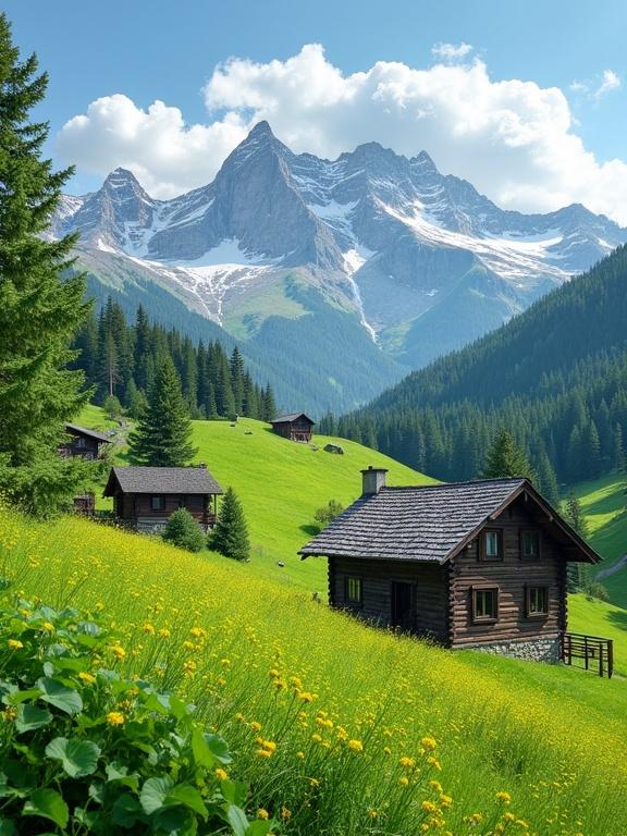 Picturesque alpine landscape featuring rolling green hills with rustic wooden houses. Houses have steep gabled roofs and are made of dark timber. Hills covered in lush green grass with clusters of yellow wildflowers. Tall deciduous trees scattered across landscape. Snow-capped mountains in background against clear blue sky with fluffy clouds. Foreground includes close-up of green leaves and grass.