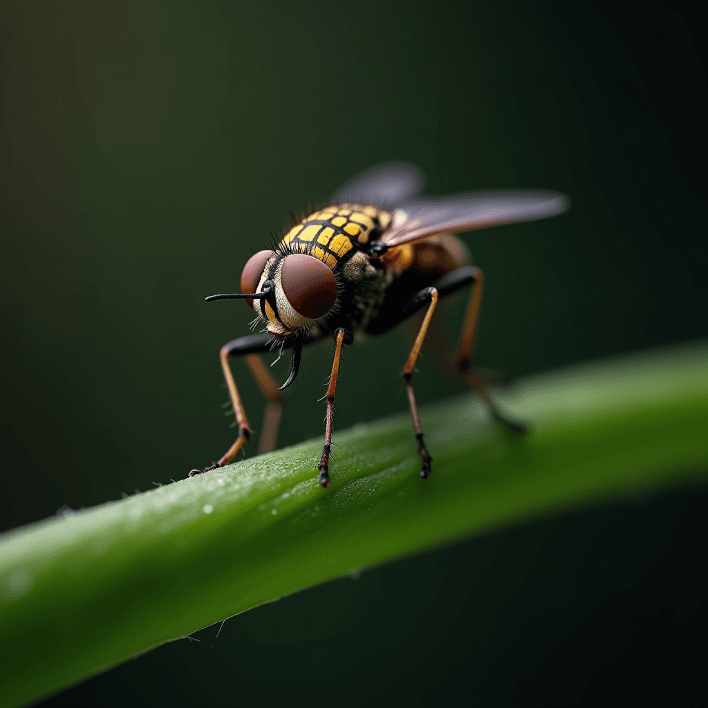 A detailed close-up of a fly with striking red eyes, standing on a vibrant green leaf.