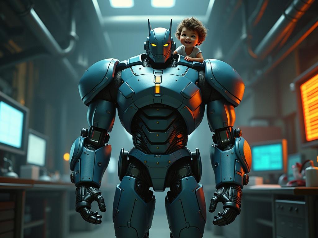 Transform the classic animated character into a modern and realistic cinematic format. The scene features a towering figure resembling a superhero robot with metallic skin and intricate mechanical details. The character stands in a dimly lit laboratory, with high-tech equipment and gadgets scattered around. On its shoulder, a small child with a wide smile is joyfully perched, adding a sense of whimsy to the imposing robot. The background is filled with shadows and glowing screens, enhancing the dramatic atmosphere of the setting. The overall color palette should combine muted tones with vibrant highlights, creating a visually striking contrast.