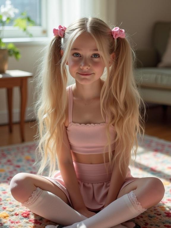Teen girl has long blonde twin tails. She wears pink bows in hair. The setting is a soft-lit living room. She is on a colorful rug. Outfits include a cropped top. Skirt appears as a strip of fabric. She wears thigh-high socks with lace. Simple black shoes are worn.