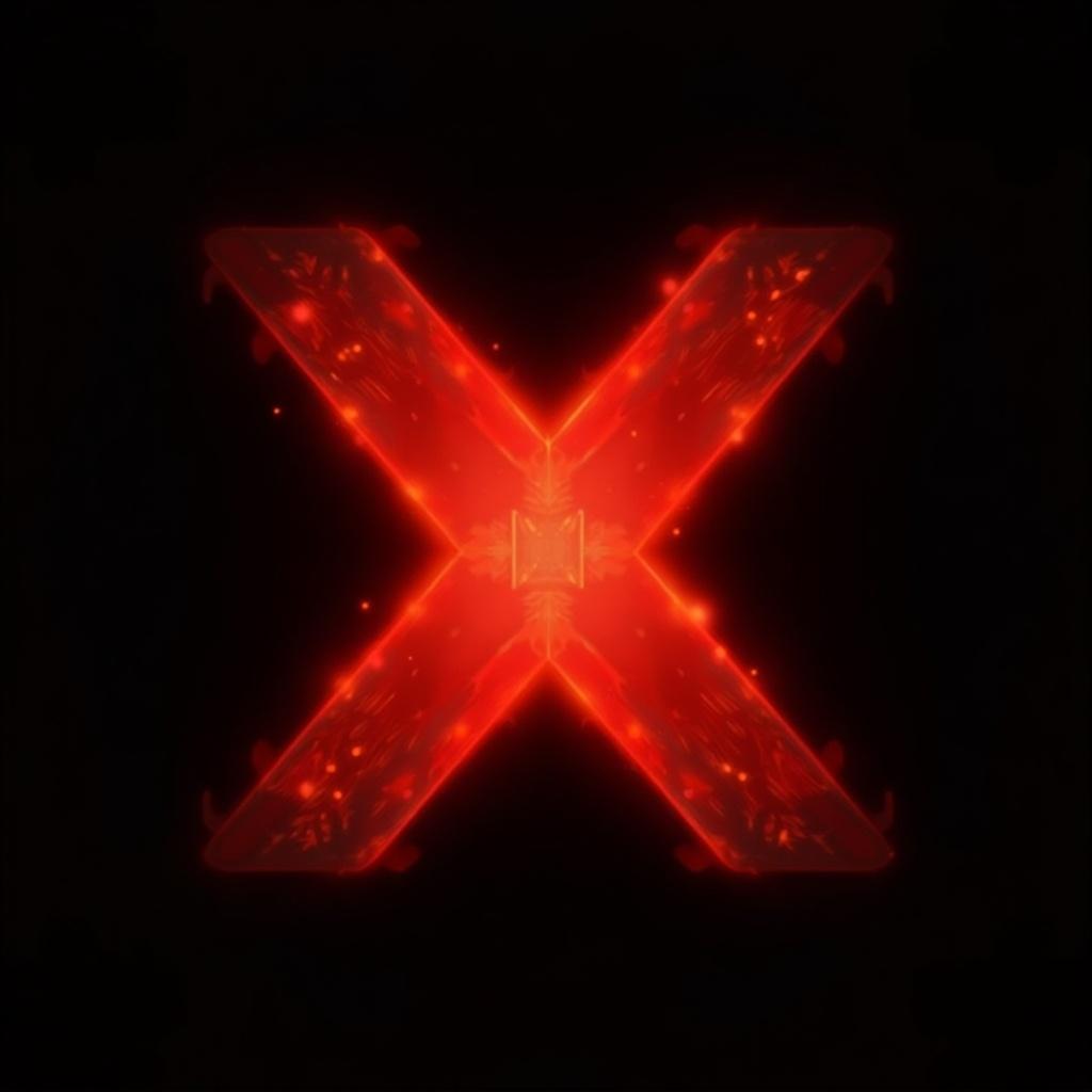 This image features a prominent red 'X' shape that glows against a black background. The design exudes a flame-like aura, giving it a dynamic and energetic feel. The fiery red hue radiates from the center, creating an engaging visual focal point. The contrasting black background enhances the bright colors, making the 'X' stand out. This vector graphic can be used for various design applications, from branding to promotional materials.