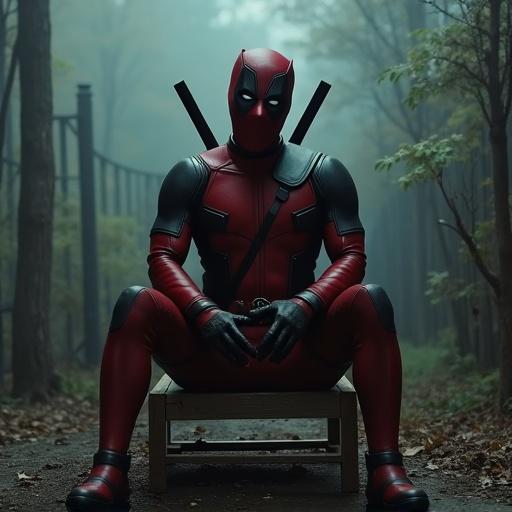 Deadpool in a seated position on a cliff near old haunted houses. The scene has a cinematic film grade aesthetic.
