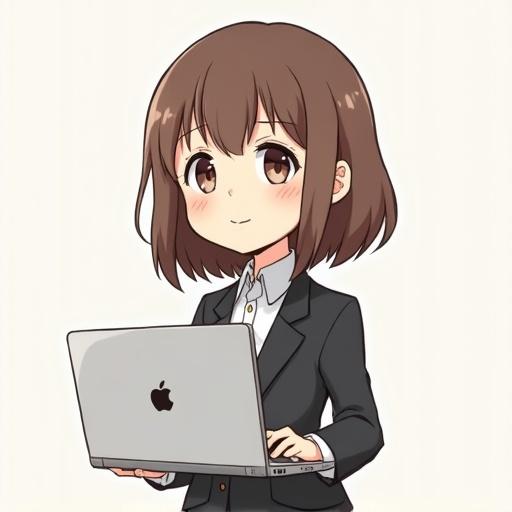 Cute female character styled in deformed fashion. Works in an office setting. Has brown bobbed hair. Dressed in a suit. Holds a laptop. Displays two facial expressions: one smiling and one tired. Emphasizes soft colors. Depicts loose Japanese anime style.