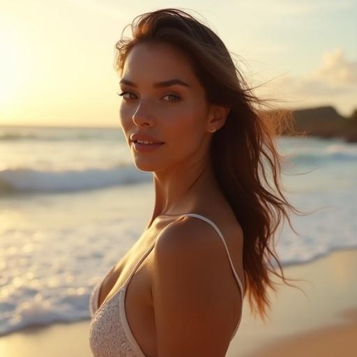 Digital photograph of an attractive young man on a beach during golden hour. He has long dark brown hair and sun-kissed skin. The ocean and pastel sky form a serene background. Image in landscape orientation.