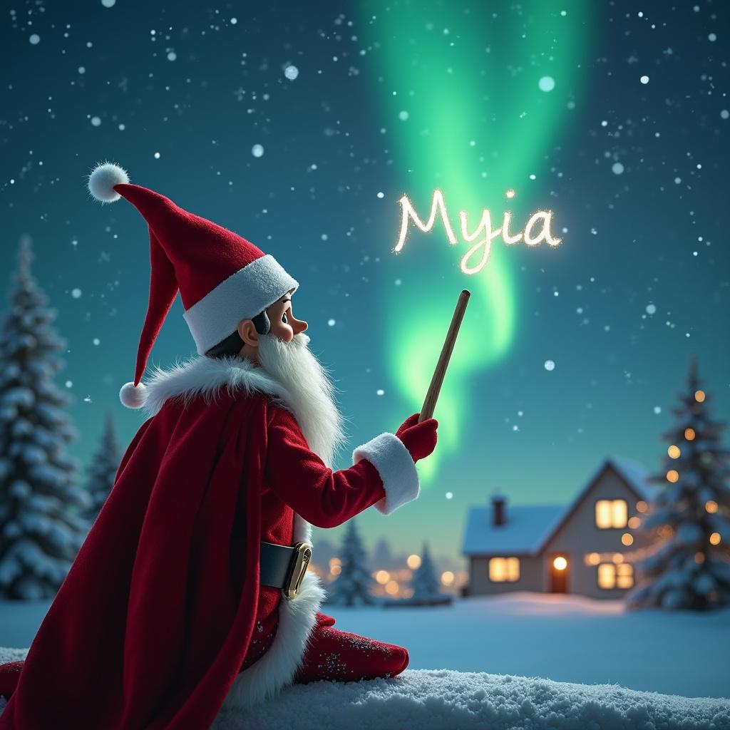 A charming elf on the shelf sits on a snowy rooftop, facing a starry sky. Dressed in a bright red Santa outfit, he holds a wand, creating the name 'Myia' with sparkling light. The background is filled with whimsical Christmas elements, including twinkling northern lights and a cozy house emitting warm light. The scene is enveloped in a magical winter ambiance, evoking joy and holiday spirit. Snow-covered trees complete the idyllic Christmas setting, making this a perfect festive illustration.