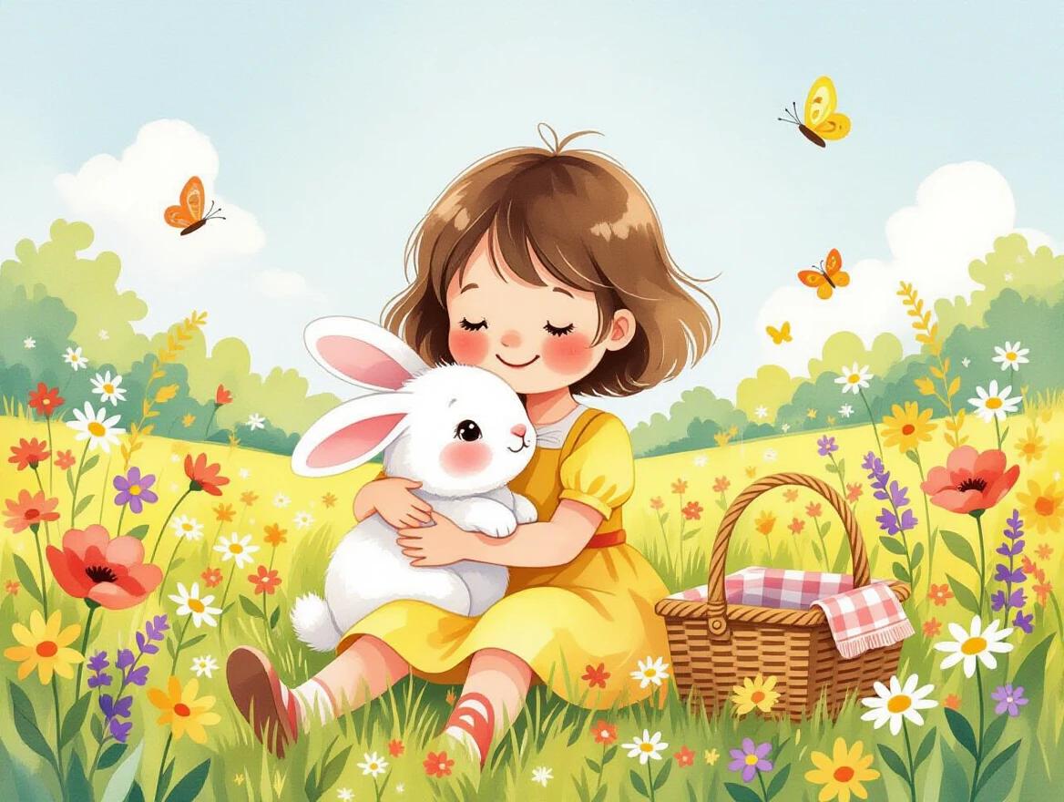 Whimsical watercolor painting of a girl in a yellow dress playing with a fluffy white bunny in a meadow. They are surrounded by colorful wildflowers and butterflies. The girl's hair is short and brown. The scene conveys happiness and playfulness. Frame captured from a downward angle.