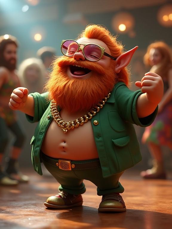 3D rendered caricature of a chubby satyr with a long flowing ginger beard wearing a green shirt and gold chains. He is dancing happily on the dance floor in a vibrant 1970s disco setting.