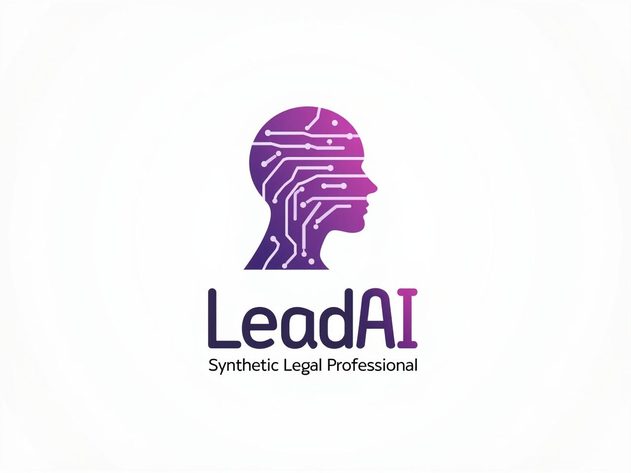 The image is a modern logo design featuring a stylized, abstract profile of a human face. It uses a combination of purple and shades of pink to create a sense of depth and motion. The face is composed of geometric lines and shapes that suggest digital connectivity and technology. Below the face, the name 'LeadAI' is prominently displayed, along with a tagline that reads 'Synthetic Legal Professional'. This design conveys a sense of innovation and professionalism, suitable for a tech company in the legal field.