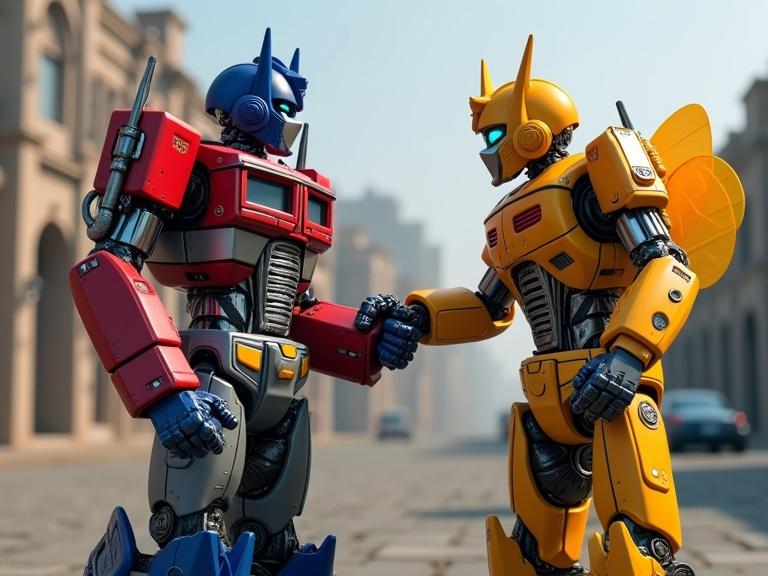 Optimus Prime and Bumblebee, two transformer robots, shake hands in a detailed and realistic 3D environment. Background features urban streets.