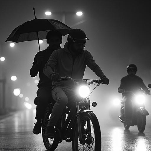 Two young men riding a bike on a city street at night. One man holds an umbrella in an attacking position. Another young man rides a scooter nearby. Semi-artistic style reminiscent of Sin City with glowing white effects.