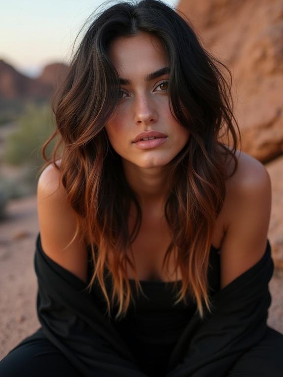 Candid close up photo of a beautiful Greek Latino woman sitting casually on a rock in the Arizona desert. She has layered black and amber hair draped over one eye. She is wearing a black shawl and black tank top. The background features the natural scenery of the desert.