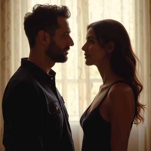 A couple of a man and woman having a discussion in profile view. The setting appears intimate with a soft background light.