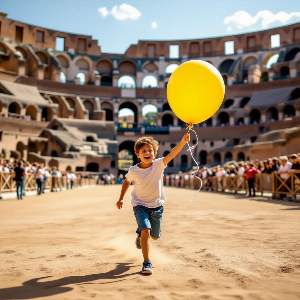 A child runs joyfully holding a yellow balloon in the ancient Roman Colosseum. The setting creates a lively and adventurous atmosphere. The architecture is prominently displayed in the background. The child wears a white shirt and blue shorts. Bright sunlight is present.