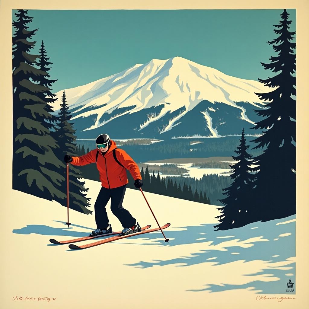 Art Deco style ski poster showcasing skiing in Killington Vermont. The image features a skier gracefully navigating a snowy slope surrounded by pine trees with majestic mountains in the background.