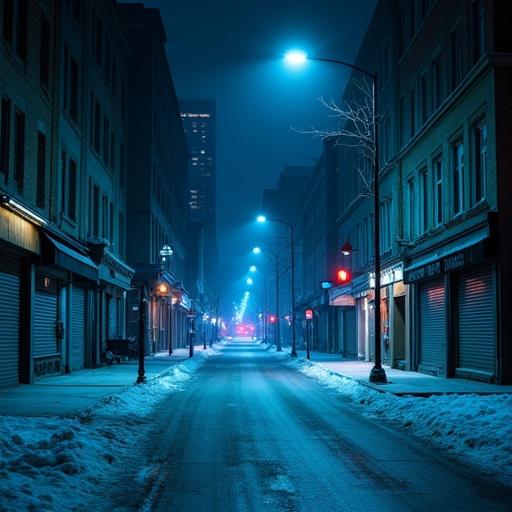 Cold winter night on a deserted city street. One-point perspective with converging lines. Blue streetlights light up empty sidewalks. Shuttered storefronts line the street. Police lights reflect on icy pavement. Loneliness and tension permeate the scene. No people in sight. Urban emptiness and cold atmosphere dominate the view.