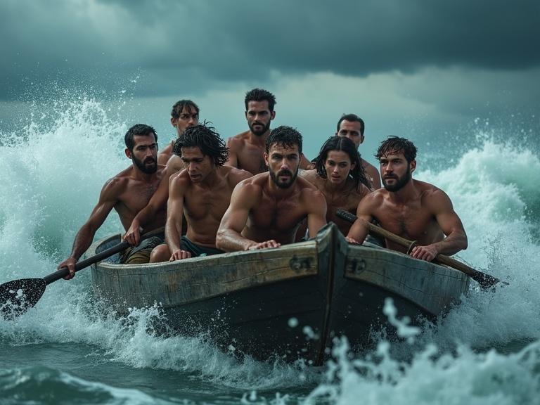 Seven adults tightly packed on a wooden boat in rough sea with tall waves. Dark stormy clouds and strong wind create a tense atmosphere. Expressions of fear and determination. Some rowing while others hold the edges. Water splashes around them. Cinematic lighting highlights wet skin and soaked clothing.
