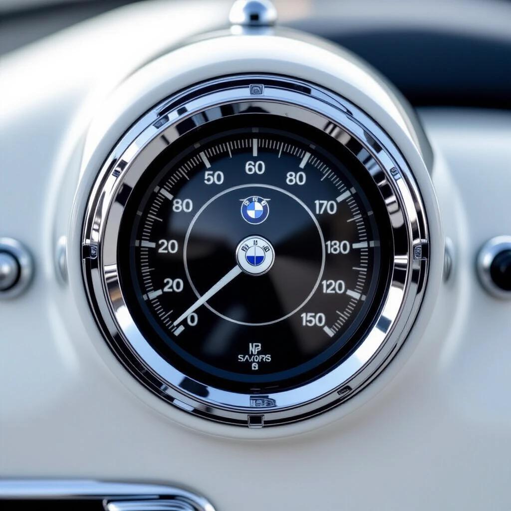 Macro shot of a BMW speedometer with hood emblem and headlight rim visible. Focus on gear shifter. Velvet bokeh in the background. High sharpness and detail. No post-processing.