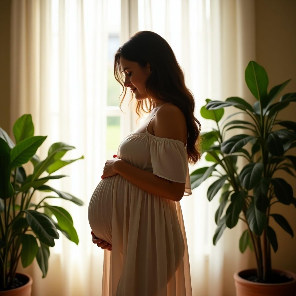 Pregnant woman stands in a softly lit room and cradles her belly. She wears a loose-fitting dress. Lush green plants surround her. Sunlight filters through sheer curtains. The atmosphere is serene and peaceful. This scene captures joy and anticipation of pregnancy.