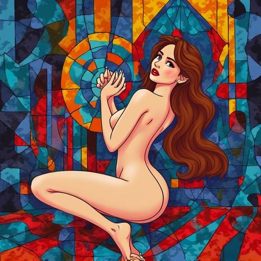 Image depicts a nude figure of a woman among vibrant geometric and optical patterns. Colorful stained glass style resembles op art and surrealist artwork.