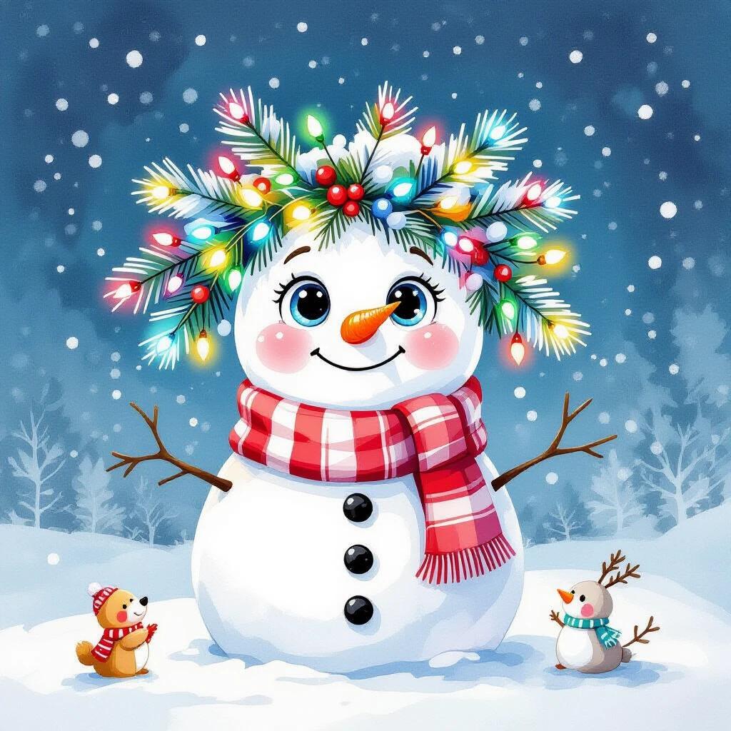 A cute snowman with a large smile and sparkling eyes. The snowman wears a red and white striped scarf. Hair made of pine branches and Christmas lights. Snowman has three black buttons. Two arms like branches. A small green Christmas tree on the left. Mound of snow around the snowman.