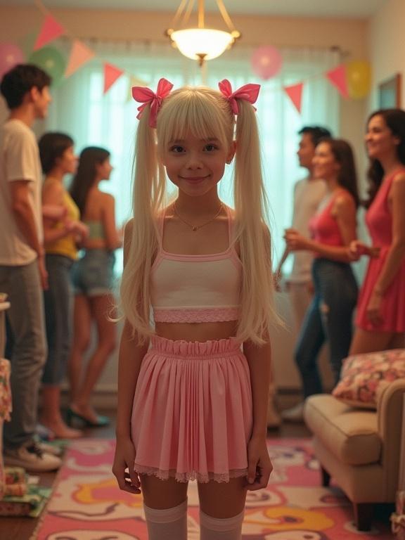 Nostalgic birthday party scene in a cozy living room. Center stands a girl with platinum blonde twin-tails and pink bows. Dressed in a playful costume with a cropped top and pleated skirt. Cheerful expression, soft feminine energy. Room filled with partygoers and decorations. Bold rug underneath adds vibrance. Retro vibe with pixelated appearance, over-saturated filters.