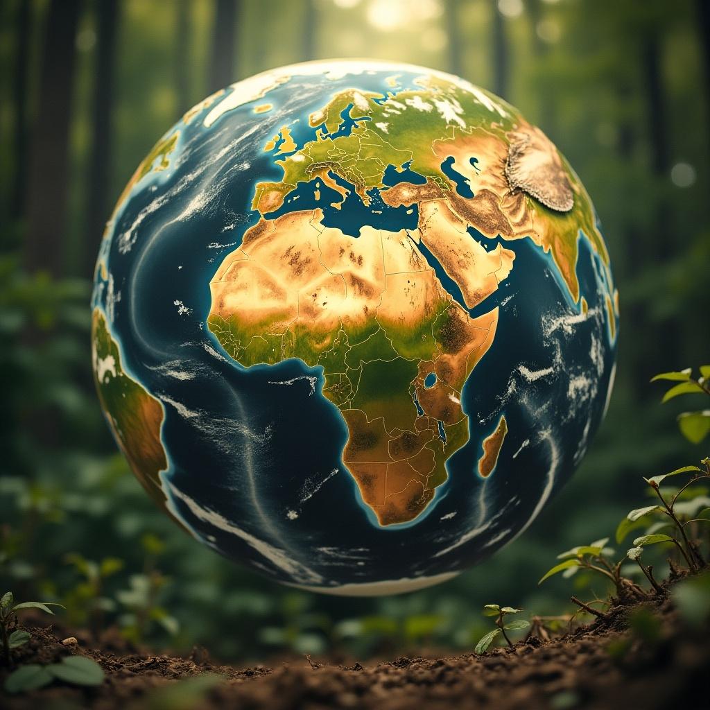 A globe depicting Africa and Europe in a forest setting. Green foliage surrounds the base. Soft light enhances the scene.