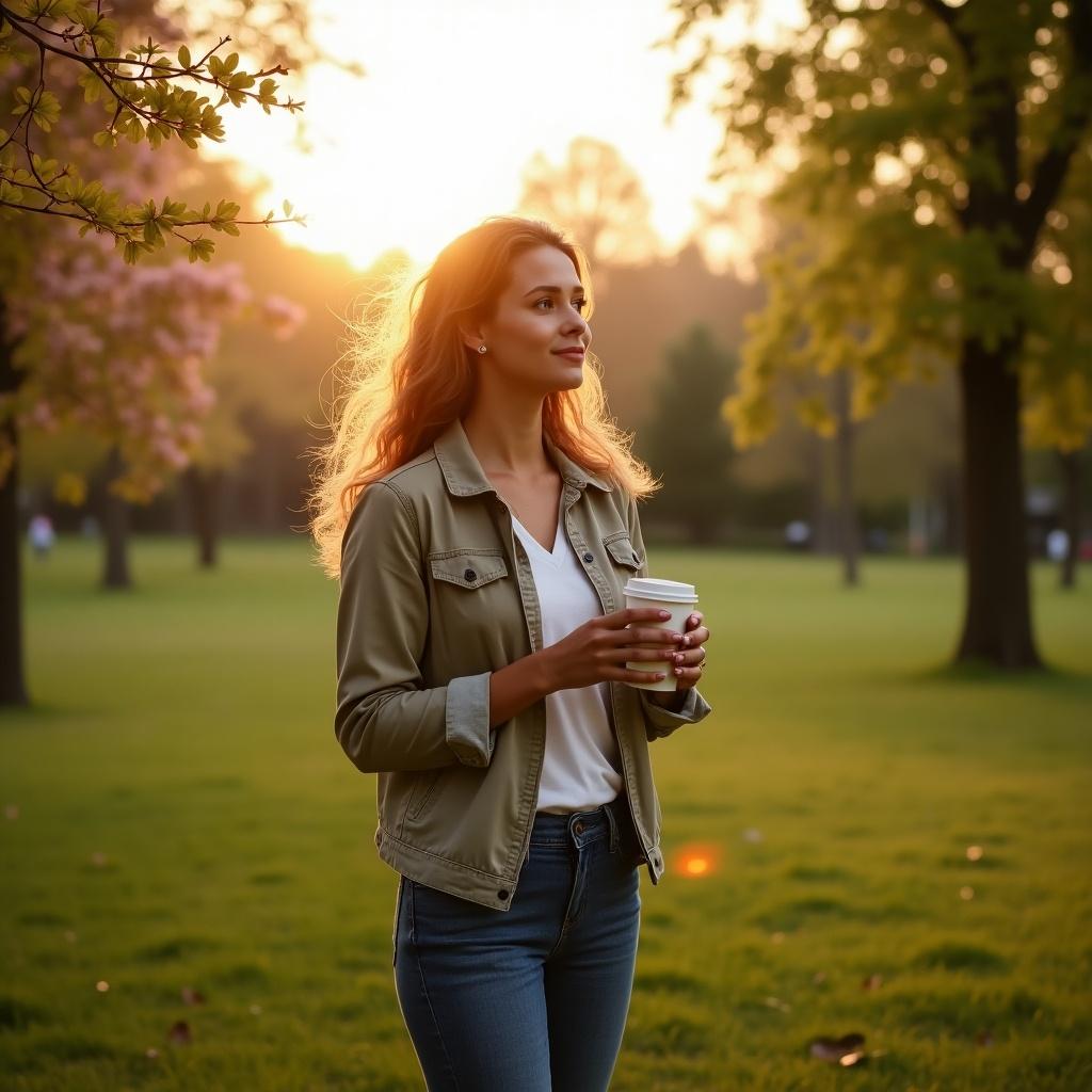 Person standing in a park during sunset holding a cup surrounded by trees and grass