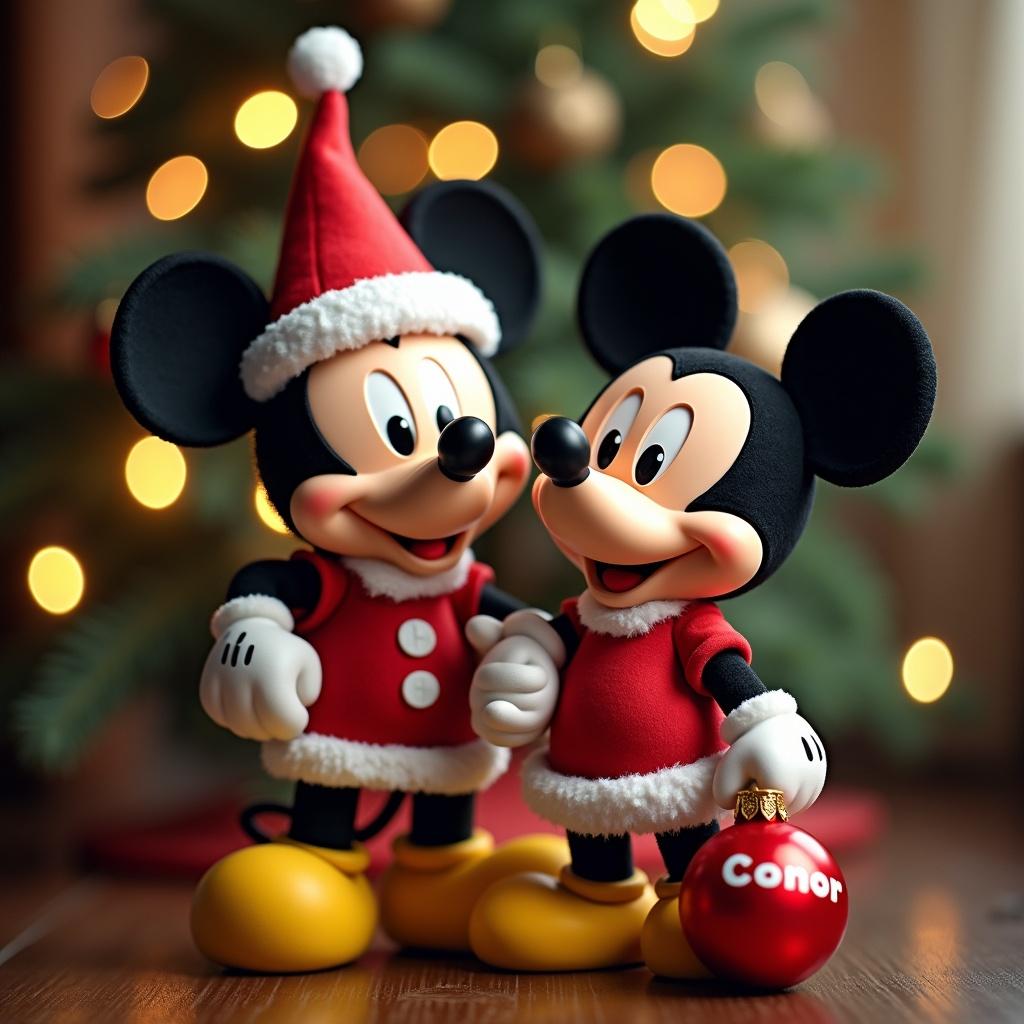 Christmas tree serves as background. Mickey Mouse wears a Santa outfit. Holds red ornament showing name Connor.