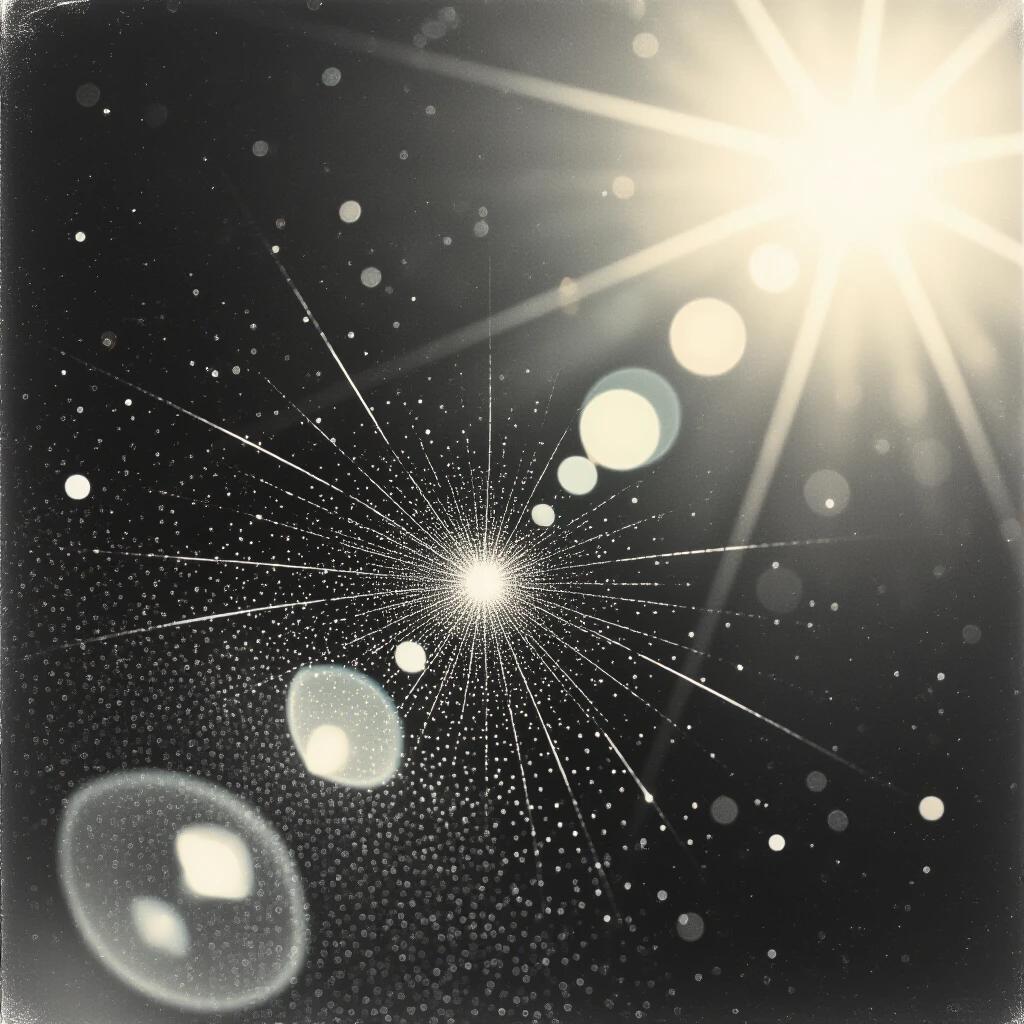 Image of dust specks on a negative. There is a slight edge light leak. Bright rays and soft bokeh create an ethereal feel. Focused on the interplay of light and shadow.