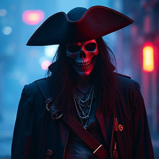 Vampire pirate character with a skull face large pirate hat dark clothing neon lighting