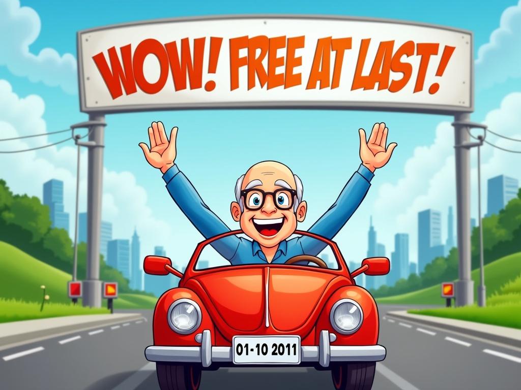 The image features a cheerful, older male character with a bald head and glasses, sitting in a bright red convertible car with hands raised in excitement. He is wearing a blue shirt and has a joyful expression, symbolizing a sense of freedom. In the background, a barrier is lifted, indicating passage, with green landscapes and city buildings. The sky is clear with a few clouds, and bold text on the top reads "WOW! FREE AT LAST!" The date "01-10-2011" is displayed on the car's license plate. The overall style is vibrant and cartoonish, emphasizing a fun and celebratory mood.