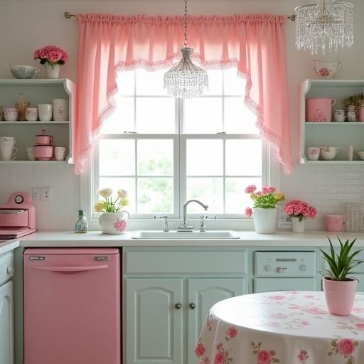 A cute retro kitchen in white light pink and pale aqua. Features a crystal chandelier. White shelves hold cute flower pots with pink roses beside a big window above the kitchen sink. A pink refrigerator stands out. Pink rose print ruffle curtains dress the window. A white table is covered with a pink rose print tablecloth. Includes a pink stove.