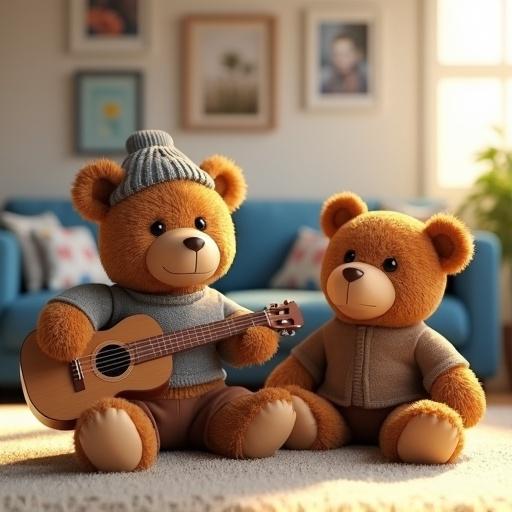 Two brown teddy bear toys sitting on a carpet. One teddy bear wears a gray woolen hat and a gray sweater. The other teddy bear wears a brown sweater. One bear holds a wooden guitar. They are in a living room with a blue sofa and some pillows. There are paintings on the wall. Bright sunlight is coming through the window.