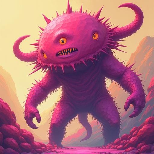 Eco-Projection art style featuring a 5th Dimension Monster. The creature is designed using a magenta pink purple and light-tan color palette. Its features are exaggerated, resembling a fantastical being.