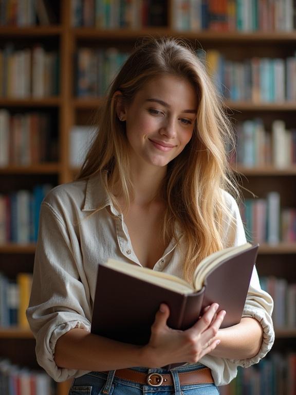 A student stands holding an open book. A cozy library setting is in the background filled with books. The student displays a focused expression while engaged in reading.