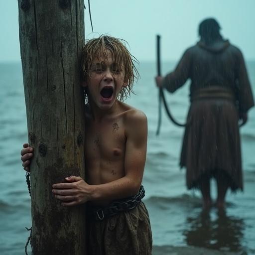 Cinematic still from a mythical fantasy epic film. Medium-shot of a Germanic boy near a dock. Boy pressed against a wooden piling. Weathered piling in the foreground. Water and rain droplets visible. Boy appears distressed. Boy is shackled with a simple loincloth. Dark background includes a merchant with a whip. Overcast day with muted colors. Hyper-realistic details.