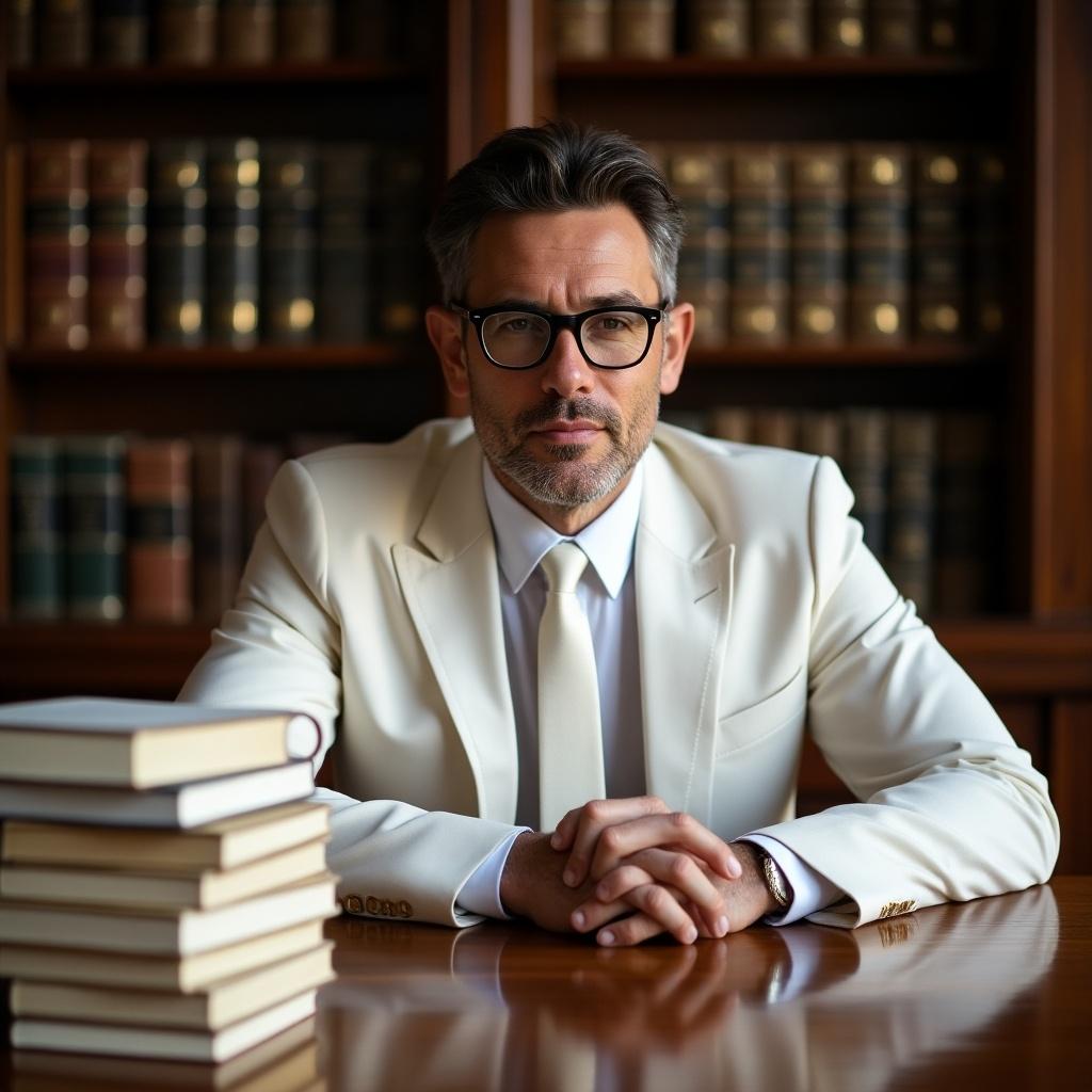 Man in white suit sits at a polished table with stacks of books. He exudes sophistication and professionalism.