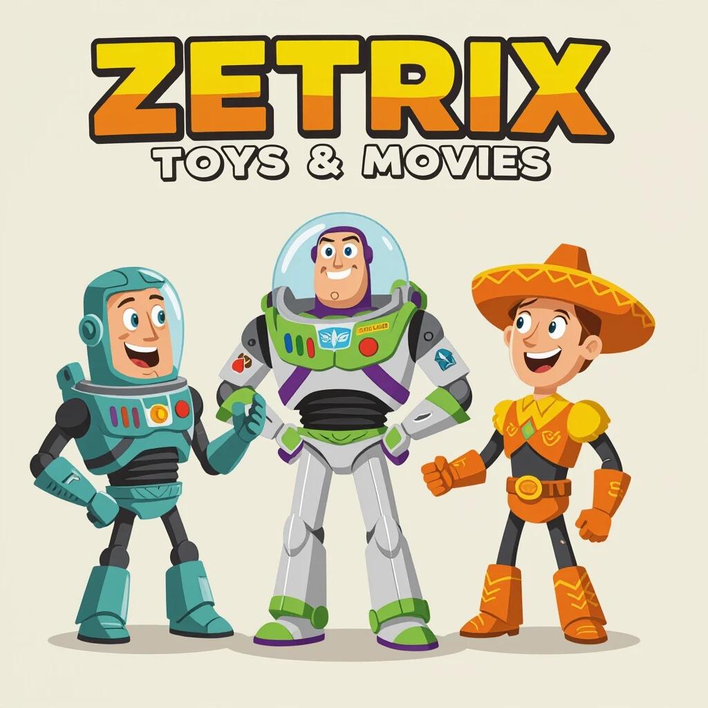 Illustration features three animated characters representing toys and movies. One character in a blue futuristic suit, another in a space ranger outfit, and the last as a cowboy. Characters display excitement and engagement. Background is simple and light-colored.