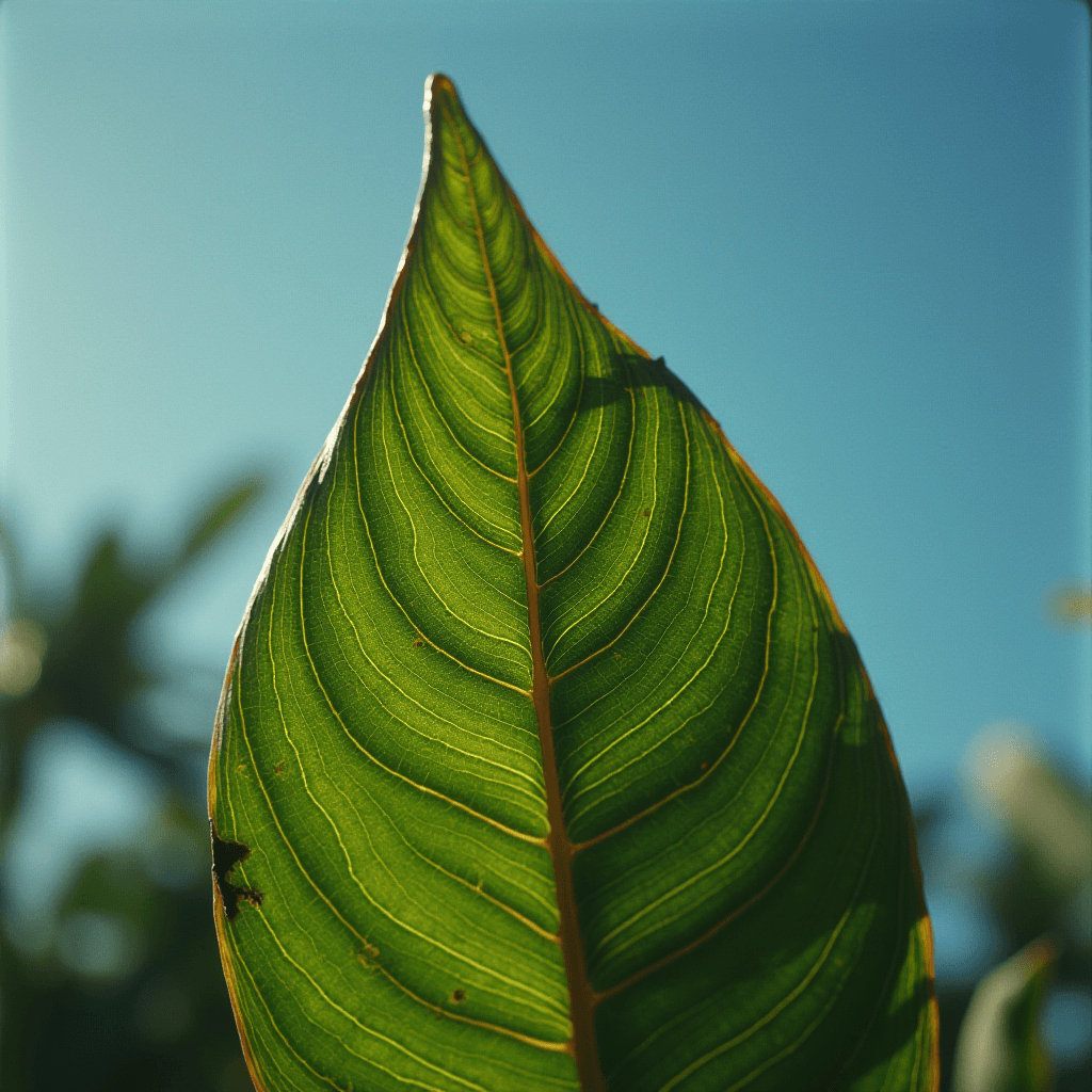 A close-up of a vibrant green leaf against a clear blue sky.