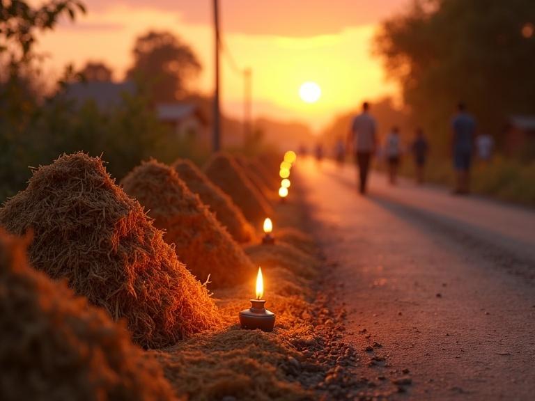 Digital illustration of a rural road at dusk with warm twilight light. Large sawdust piles topped with oil ready for a procession. Lit oil lanterns providing a soft glow. Villagers in the distance preparing for the event. Sunset sky with vibrant colors. Atmospheric and anticipatory scene with a magical feeling.