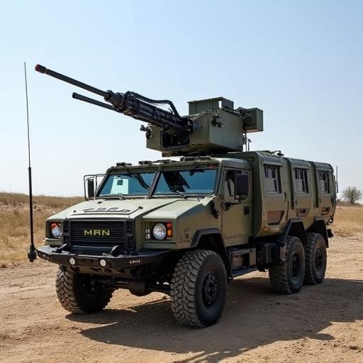 Image features a TOW Missile weapon system mounted on a JLTV. The vehicle is designed for military use with a robust structure and camouflage paint.