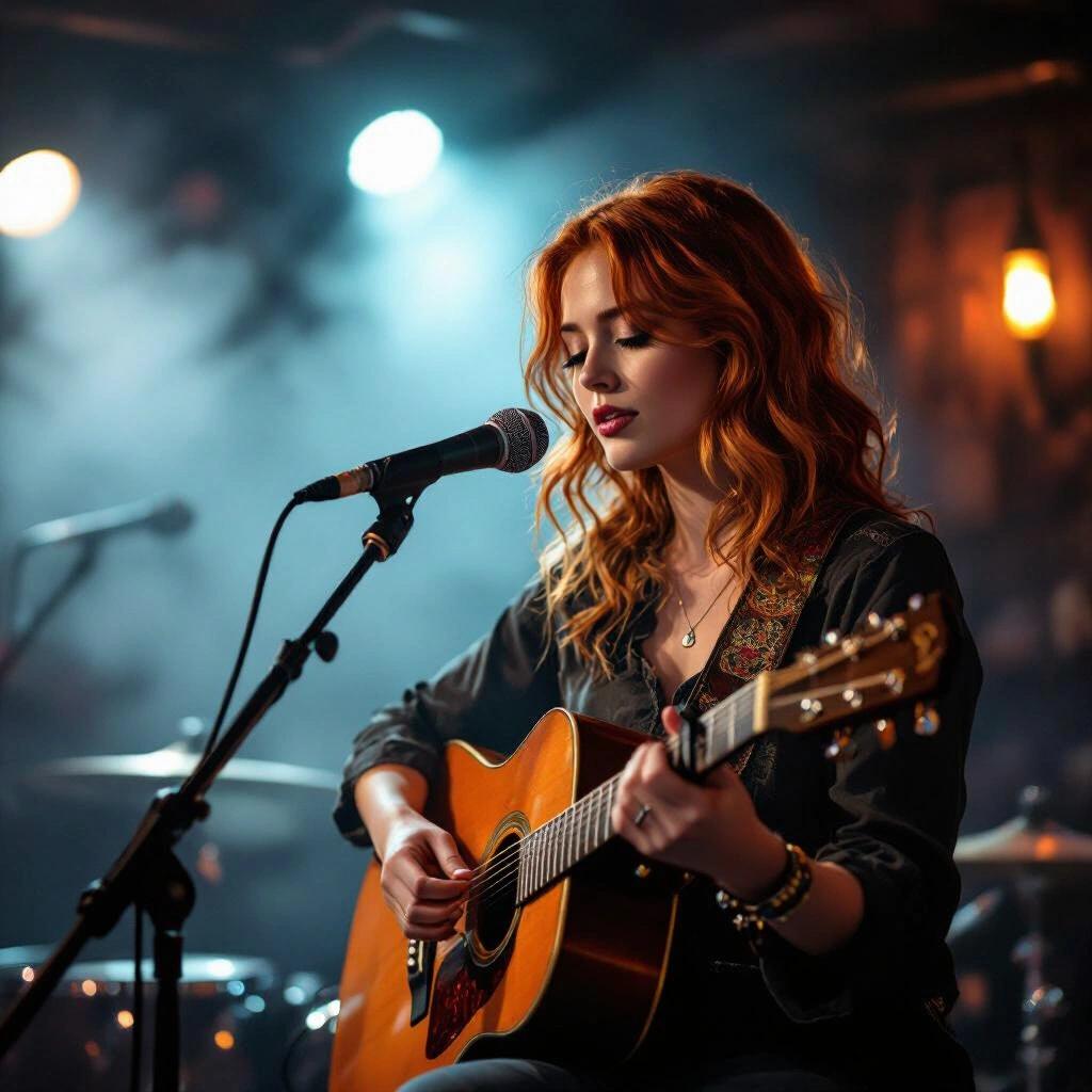 A beautiful red-haired Irish girl performing on stage. She plays the guitar in a smoky pub setting. The image is captured from a distance.