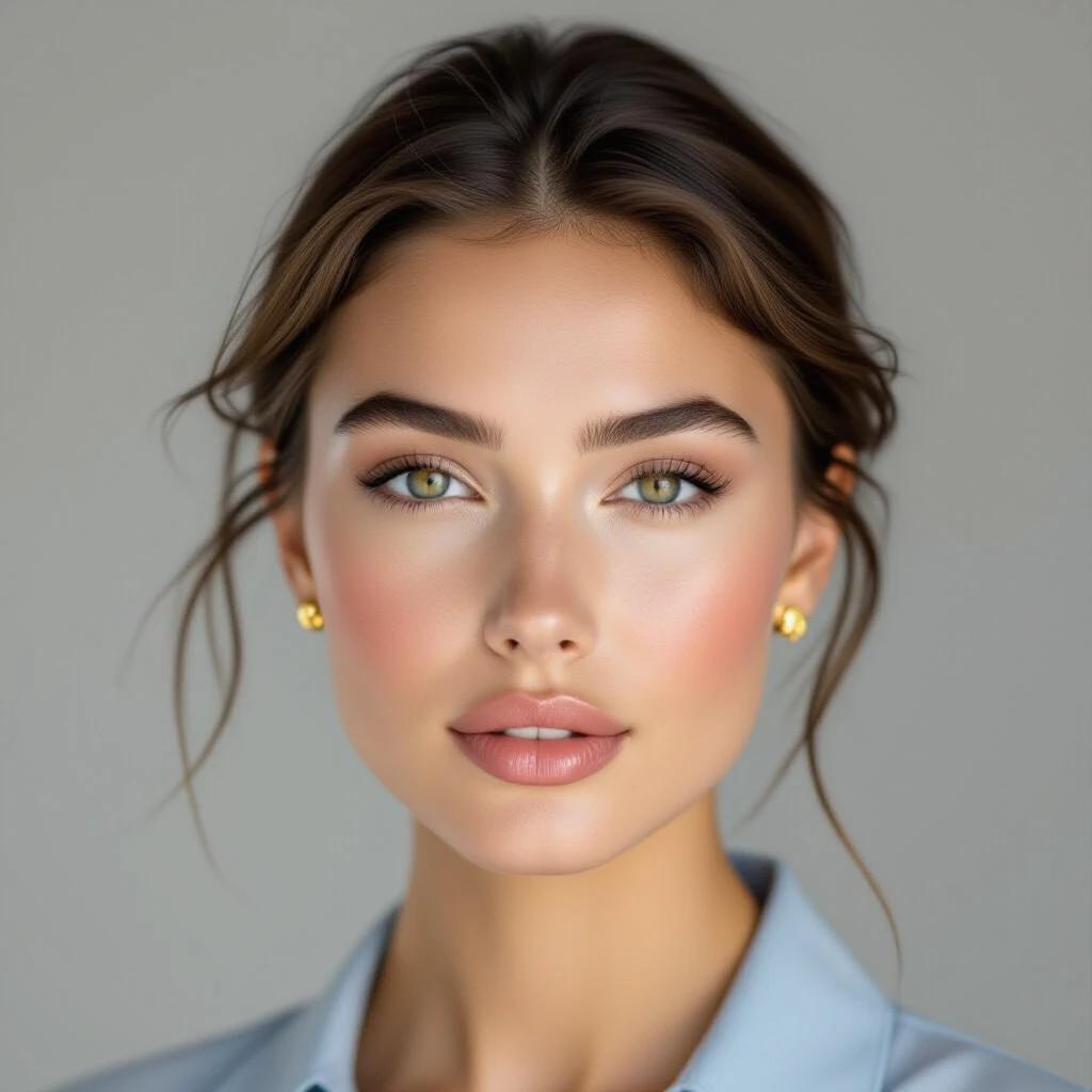 Portrait of a young woman with smooth skin. Hair is pulled back emphasizing facial symmetry and features. Elegant gold stud earrings catch soft lighting. Background is a grey gradient. Soft lighting creates a halo effect around the face. Subject is centered with a slightly off-camera gaze for a contemplative mood. Blue top complements skin tone, maintaining a professional style.