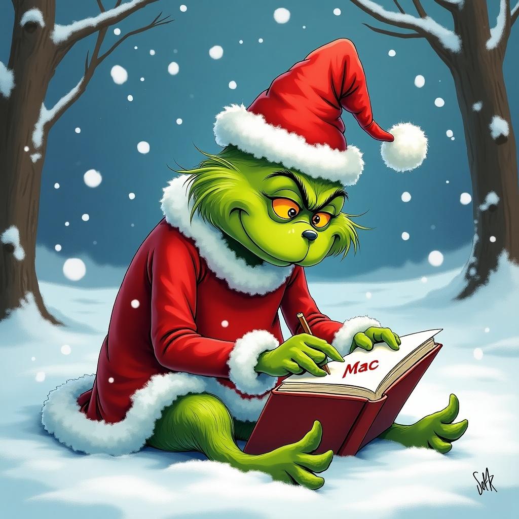 The image features the Grinch, a character from Dr. Seuss, dressed in his iconic red Santa outfit. He is sitting on the snowy ground, focused on writing in a book. The name 'Mac' is visible in his writing. Snowflakes gently fall all around him, enhancing the festive atmosphere. The vibrant green of his fur stands out against his red clothing and the white snow. The surrounding environment showcases a serene winter landscape with trees in the background. The overall scene mixes mischief and holiday spirit, perfectly capturing a moment of Christmas magic.