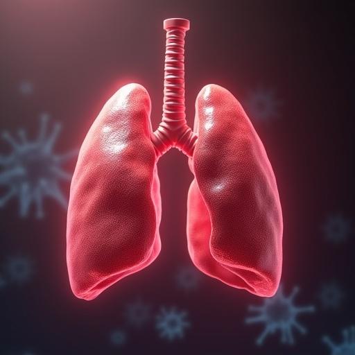 Illustration of human lungs with a focus on COVID-19 impacts. Lungs appear in red with visible anatomical features. Background includes virus illustrations.
