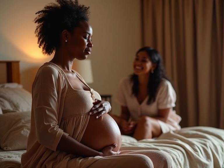 Image of a pregnant African woman sitting in luxury bedroom with emotional expression while another woman appears to be laughing in the background.