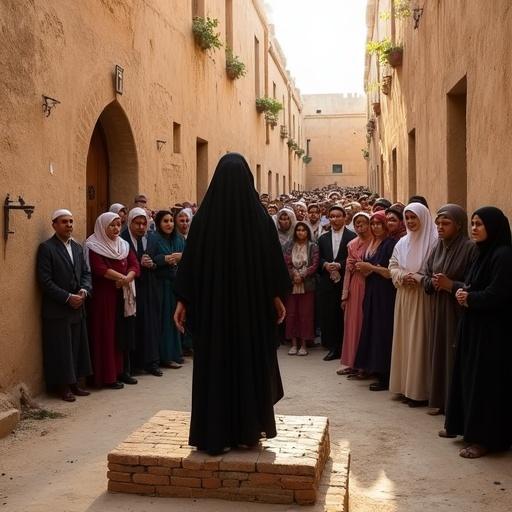 Realistic scene in ancient adobe alleys of Yazd, Iran during late afternoon. Warm sunlight casts shadows. Muslim woman in black chador stands on a brick platform with a microphone. Crowd of men and women listen attentively. Women wear colorful hijabs and traditional clothing. Traditional Persian architecture with arched doorways and clay walls. Potted plants and old water tap in the scene. Atmosphere feels peaceful and powerful.